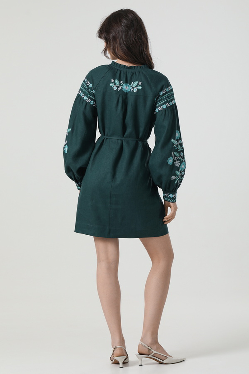 Embroidered dress vyshyvanka made of green linen "Ruzhyna"